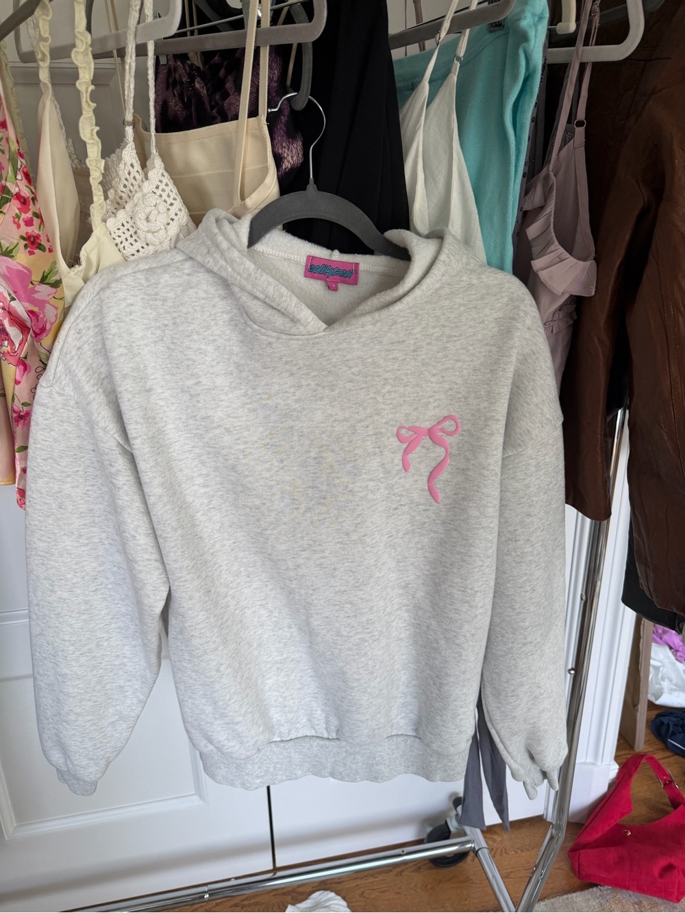 Edikted Light Gray Hoodie with Pink Bow Chest Embroidery